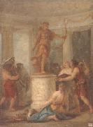 Interior of a classical temple,with hunters making an offering to a statue of diana unknow artist